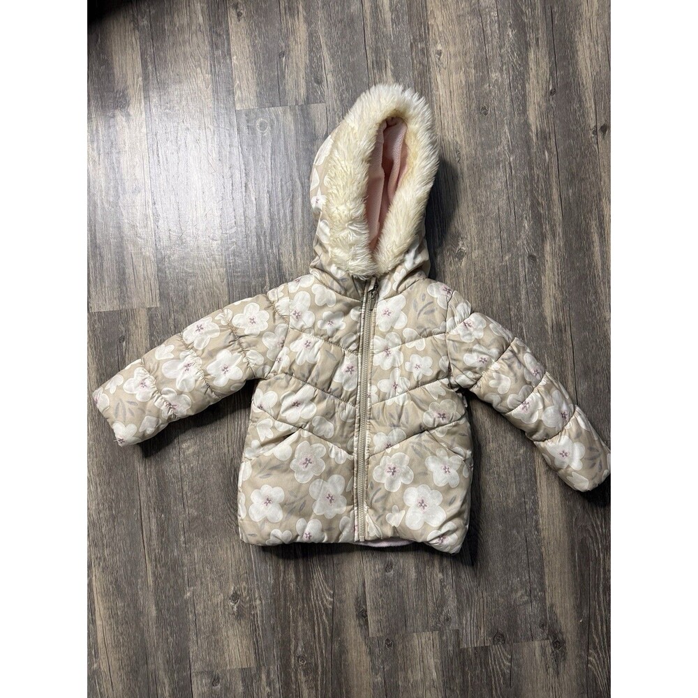 Carter’s Girl's Floral Hooded Faux Fur Trim Winter Coat Size 4T Excellent